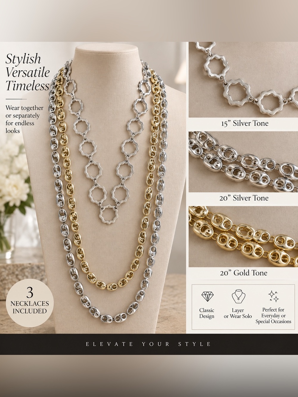 Multi-Strand Silver & Gold Tone Women’s Necklace Set